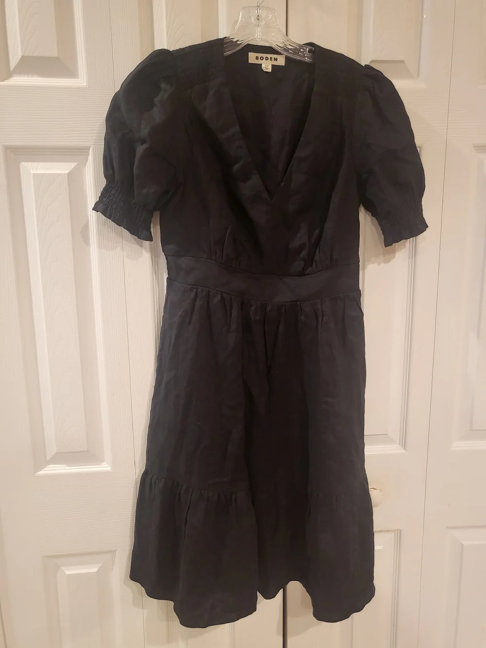 Boden Eve Black 100% Linen Tiered Puff Sleeve Midi Dress Size 8L Long
